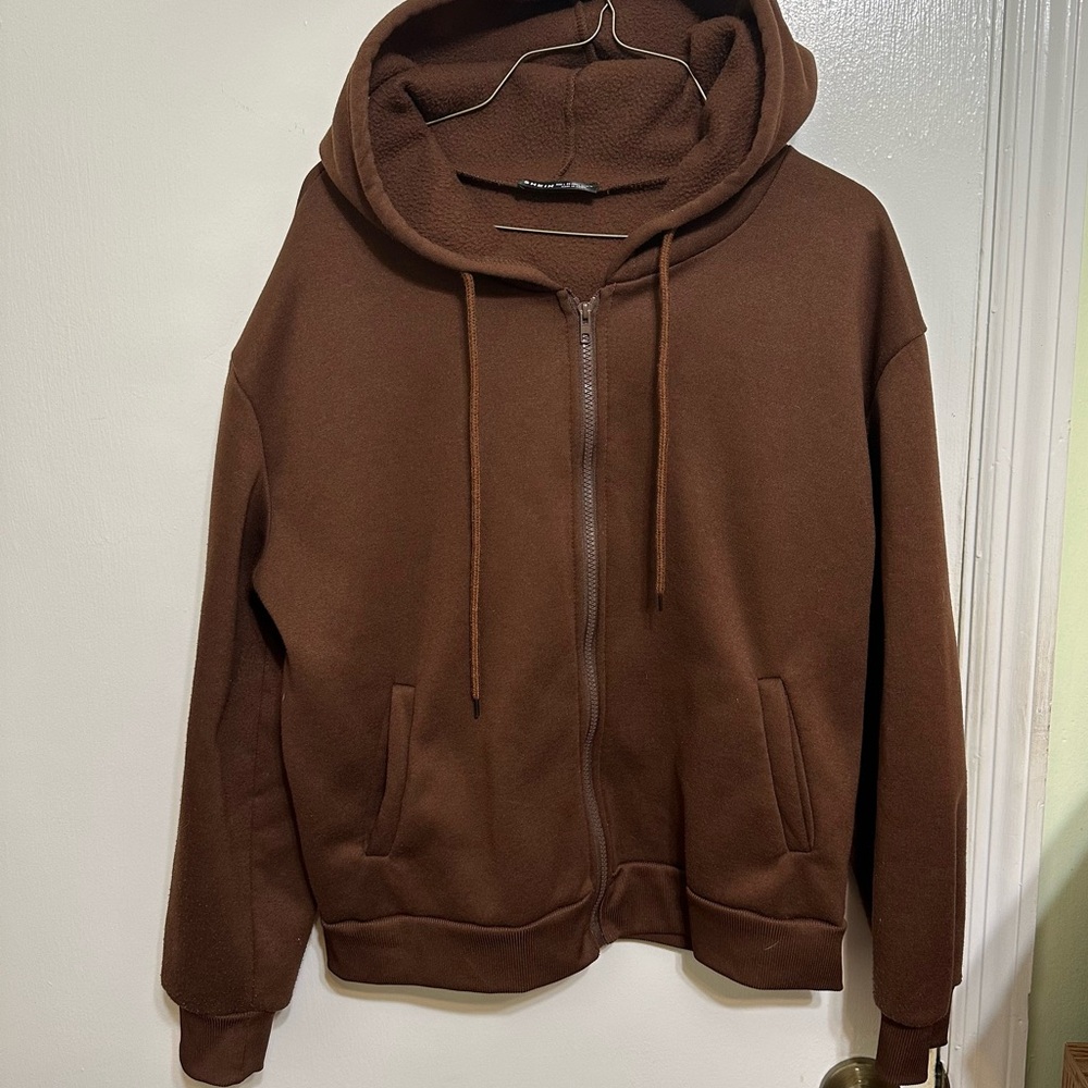 SHEIN Women's Brown Zip-Up Hoodie Jacket Size Large Drawstring Kangaroo Pockets